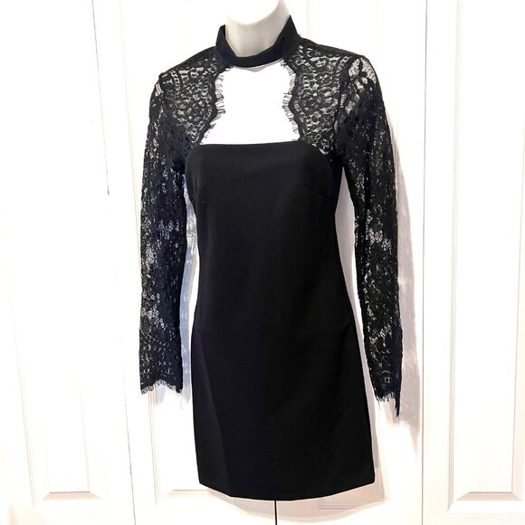 SHEIN Dresses & Skirts - SHEIN Women's X Small Black Stretch Long Lacy Sleeves Mini Dress-Zip Up Back